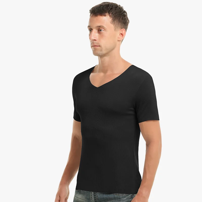 

5 шт. летняя бесшовная мужская однотонная футболка из ледяного шелка с короткими рукавами, топ с V-образным вырезом и половиной рукавов, тонкая базовая рубашка, облегающая нижняя часть