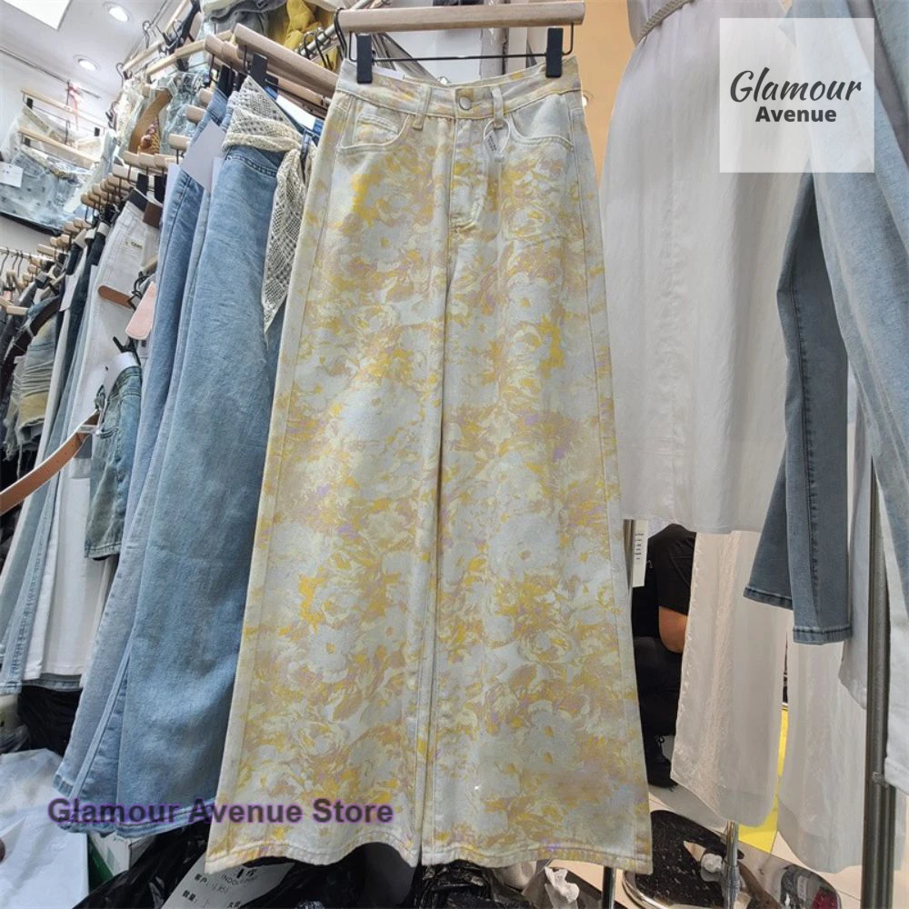 French retro yellow tie-dye printed wide-leg jeans women's spring and autumn fashion design casual wild straight mop pants.