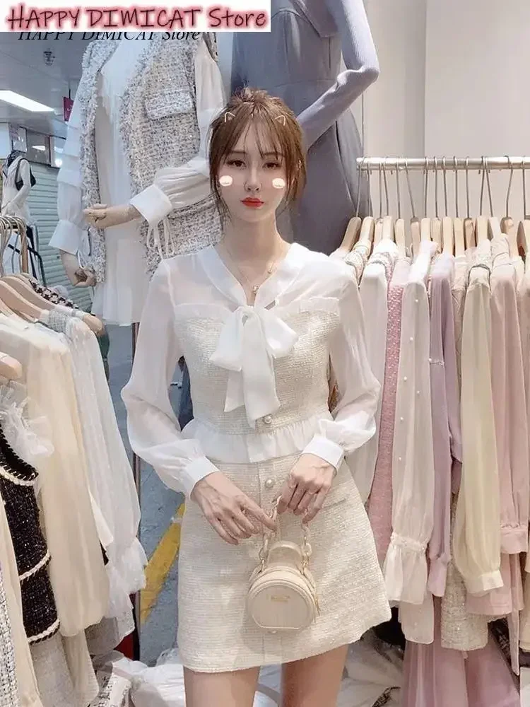 Short Skirt Two-Piece Suit Lady Lace Bow Tie Blouse Ladies Temperament Small Fragrance Fashion Suit New