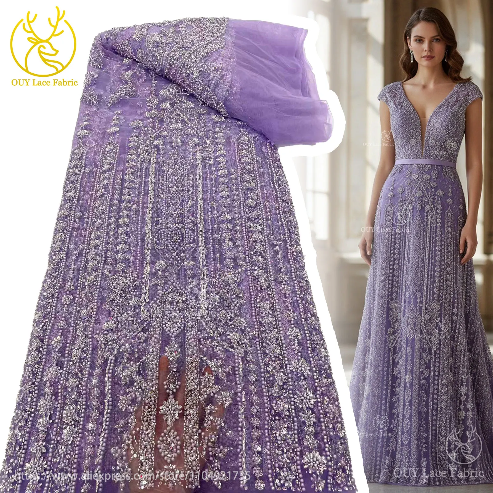 Beautiful Elegant African Handmade Beaded Lace Fabric 2025 Fashion French Nigerian Sequins Embroidered Lace Wedding Dresses