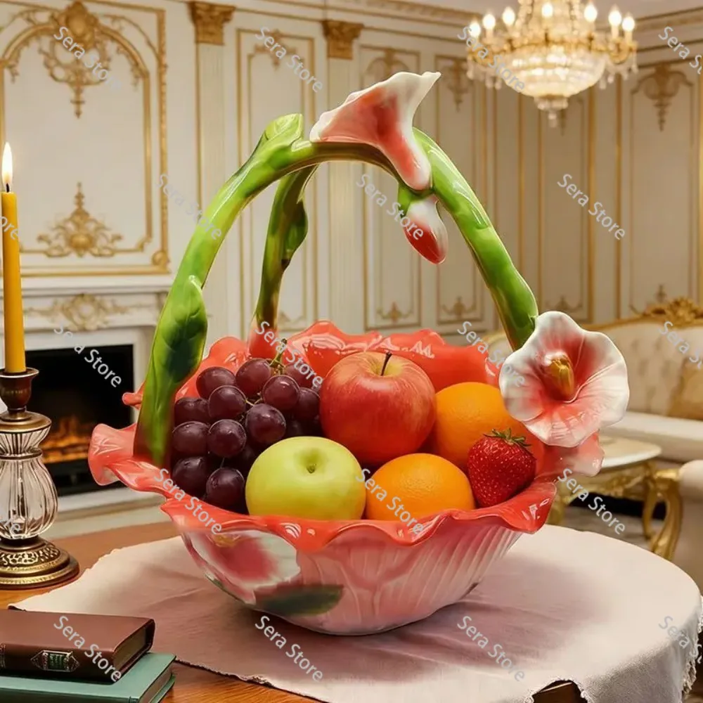 Morning Flower Portable Ceramic Fruit Basket Fruit Plate Tea Table Snack Plate Household Dried Fruit Storage Basket Gift