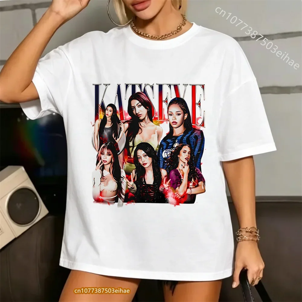 Kpop Korean Aesthetic Pop Music Girl Group Katseye Art Graphic Print Summer Daily Casual Wear Oversized Cotton Fashion Tops Tees