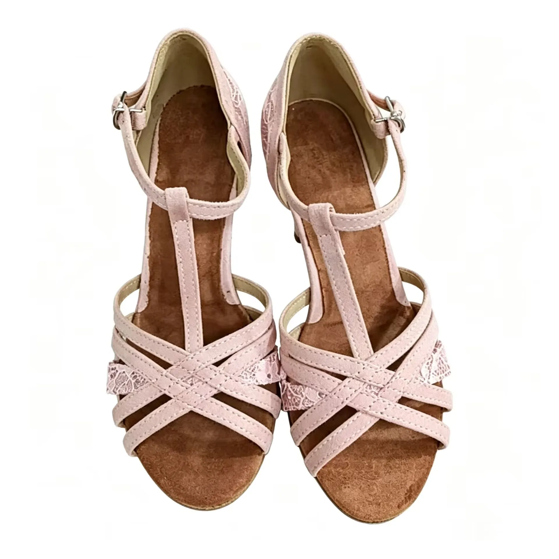 Evk Women's Pink Lace T-Strap Latin Dance Shoes 7cm Suede Salsa Tango Ballroom Competition Performance Dancing Footwear Sandals