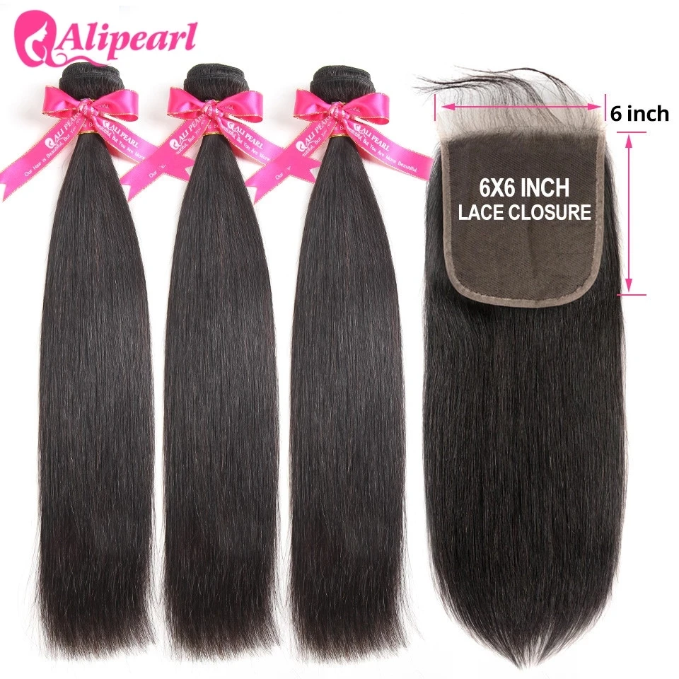 AliPearl Hair Straight Human Hair Bundles With 6x6 Closure Brazilian Human Hair Weave 3 Bundles with Transparent Lace Closure