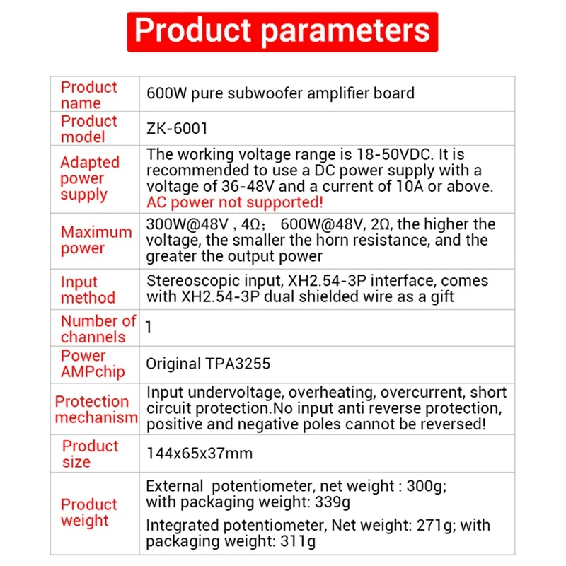 New-ZK-6001 TPA3255 Digital Amplifier Board High Power Stereo 300WX2 Bridged Mono 600W AMP Bridged Mono Subwoofer Speaker