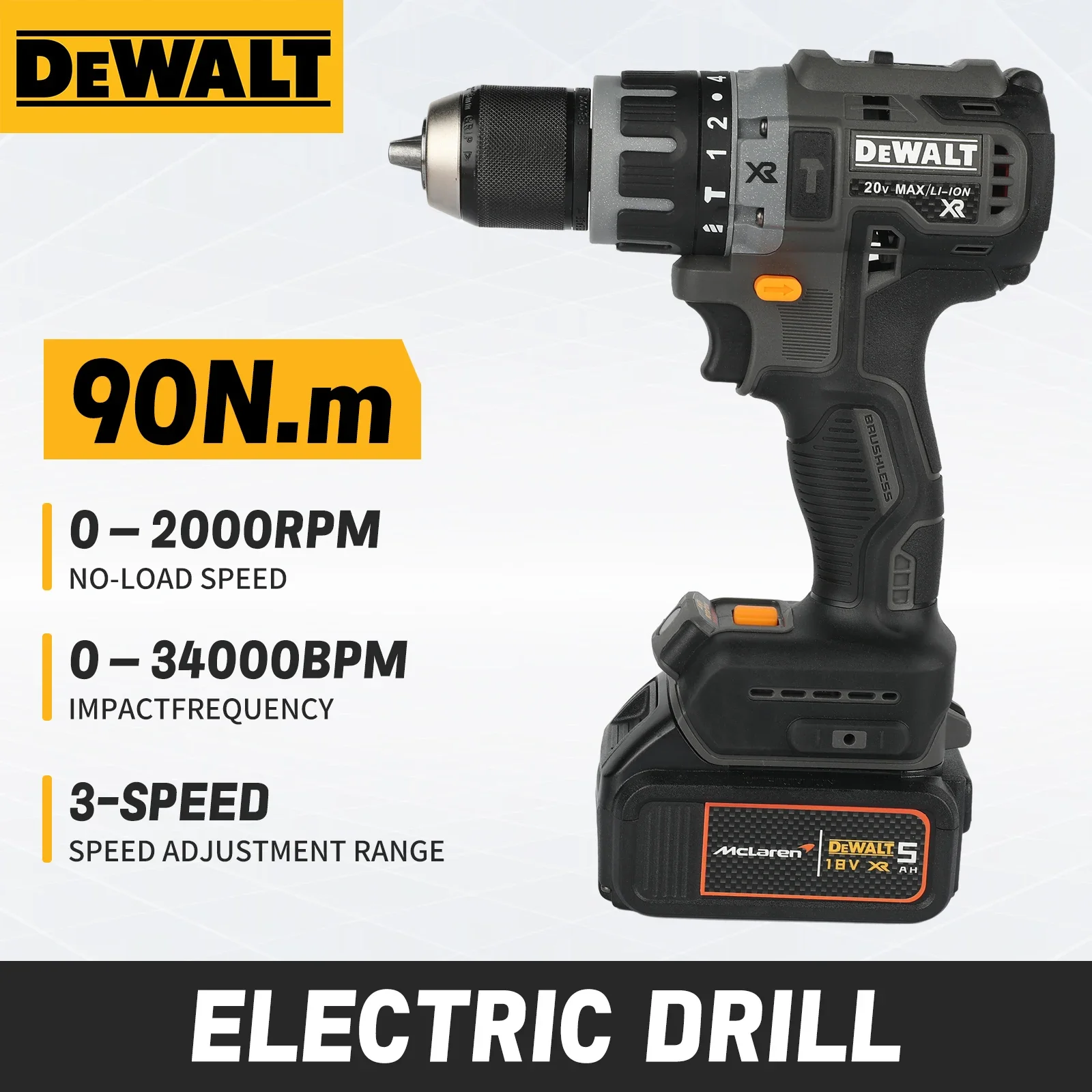 DeWALT DCD85M 20V Max Brushless Hammer Drill,90Nm Torque,0~2000RPM No-load Speed,0-34000BPM,Portable Drilling Tool
