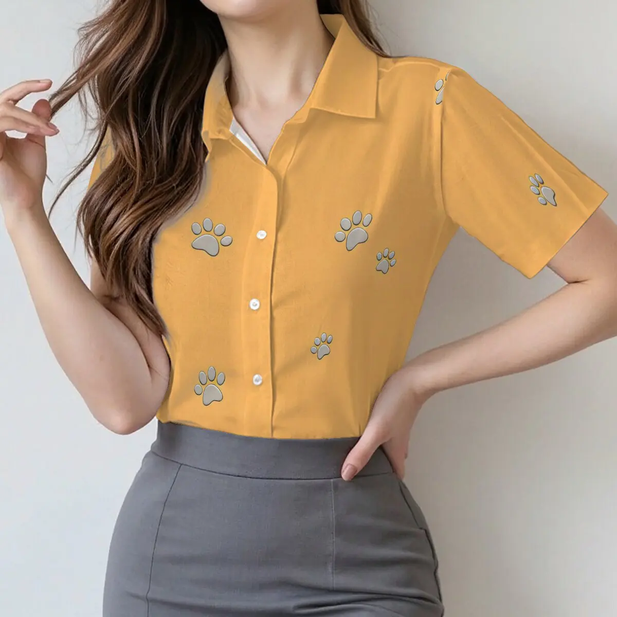 

Летняя женская рубашка с коротким рукавом и однобортной застежкой, с забавным принтом в виде лапок, яркая, для кампуса, офиса, повседневной носки, встреч и свиданий.