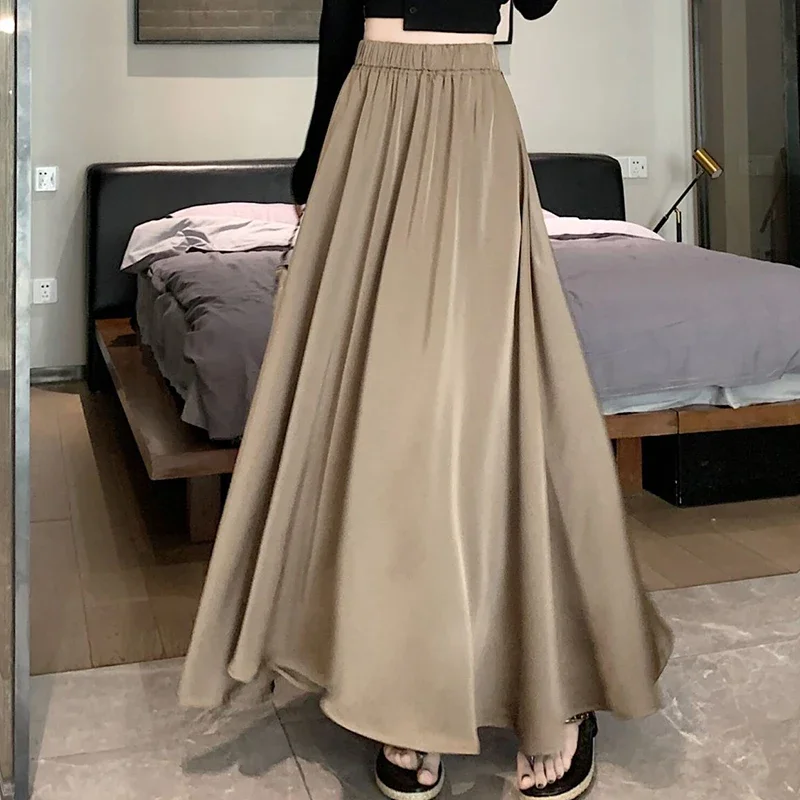 ファッションエレガントなプリーツスカートの女性 2025 新しい夏のアイスシルク固体カジュアルロングスカート女性ハイウエストすべて一致パーティースカート
