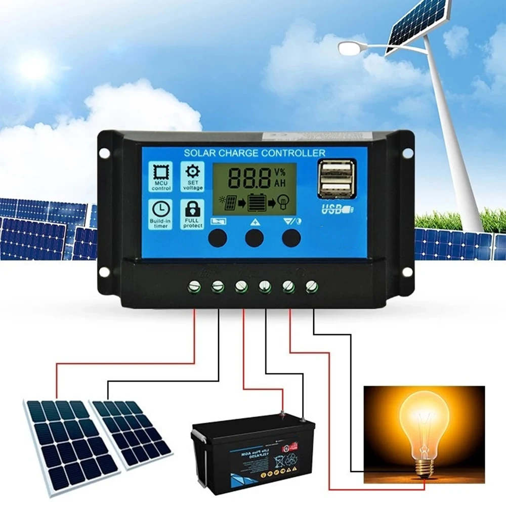 Solar Charge Controller 12V/24V 30A with Adjustable LCD Display Timer Setting Dual USB Auto Solar Cell Panel Charger Regulator