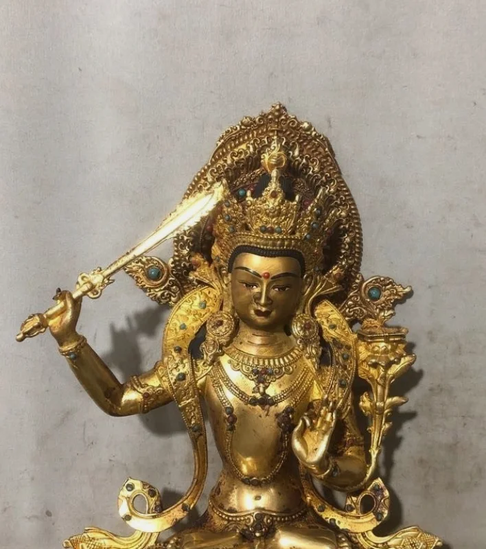 8.8'' Old Tibet Bronze Gilt Gems Wenshu Kwan-yin Guan Yin Boddhisattva Statue