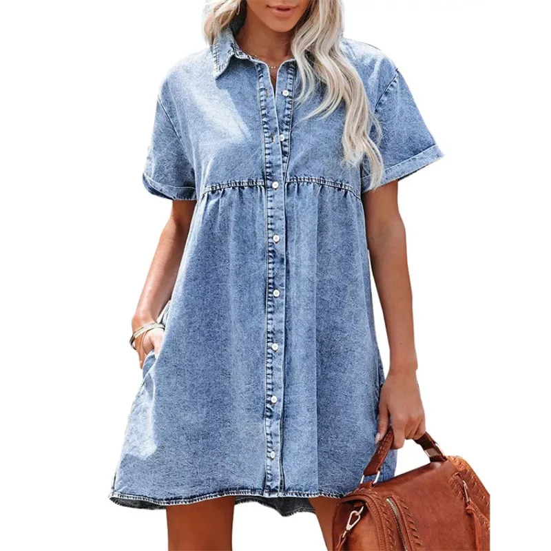 

Shirt Dress Summer Casual Denim Dress for Womens Stitching Ruffled Hem Dresses Indie Fashion A-Line Solid Vestidos Oversize New