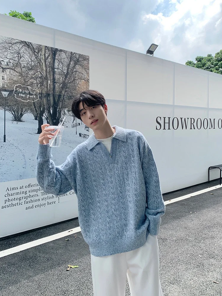 

Loose Fit Korean Sle Long Sve Knitted Sweater Casual Flip Collar Fake Two-Piece Men's Autumn Winter Pure Color Ci Walk