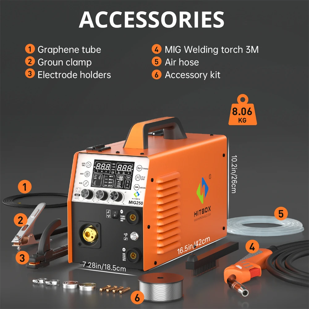 HITBOX 250A 6 in 1 Aluminum Welding Machine ARC MMA/MIG Gas Gasless/Lift TIG 2T 4T IGBT Inverter Semi-Automatic MIG Welder