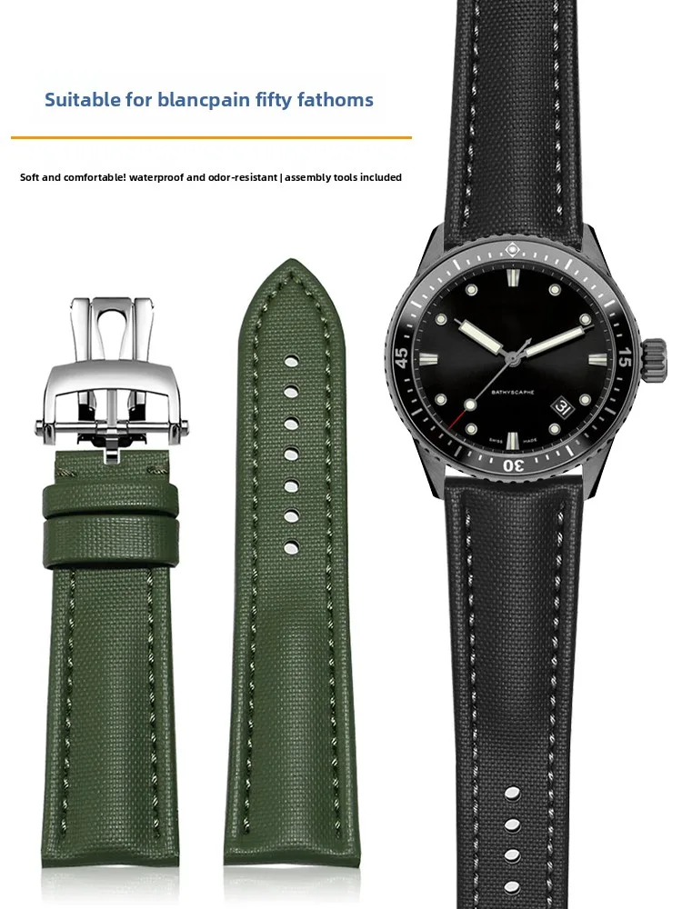 Correa de reloj de nailon y cuero adecuada para Blancpain Fifty Find, 50~ 5000 5015A 5200, pulsera negra de 23 mm