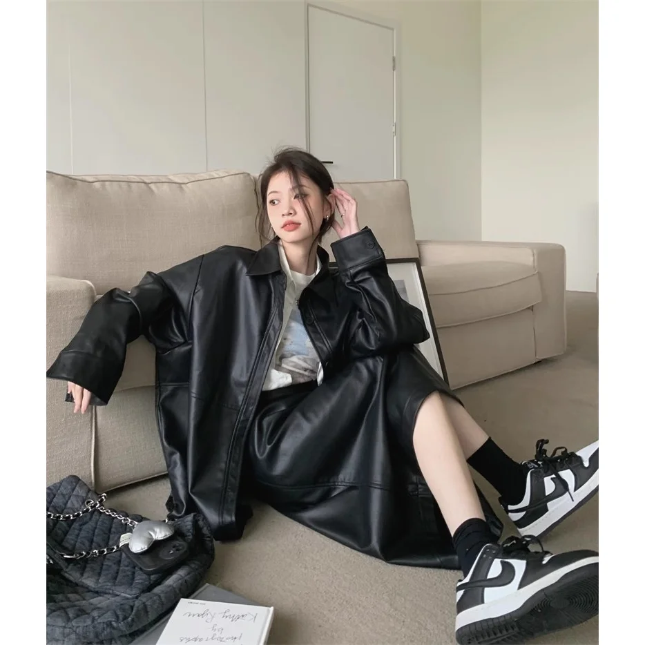 2024 Autumn Fashion Set PU Leather Jacket Jacket Women's Early Autumn High Waist Slimming Straight Skirt 2-piece Set