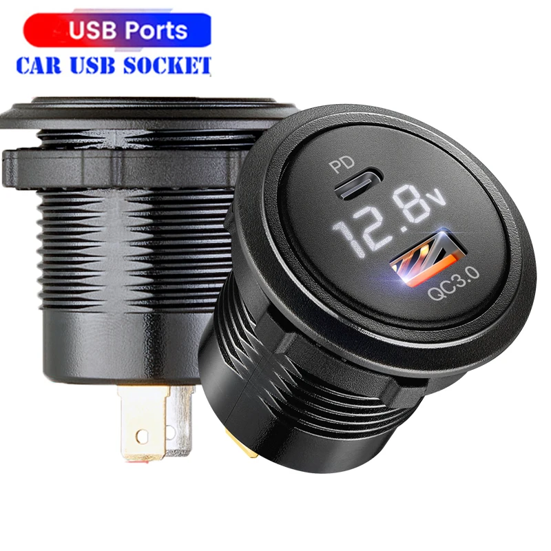 

Voltemtercar power outlet 12/24V 2 Port USB Charger Socket USB-C PD & QC 3.0 For Car Motorcycle With Voltmeter Charger