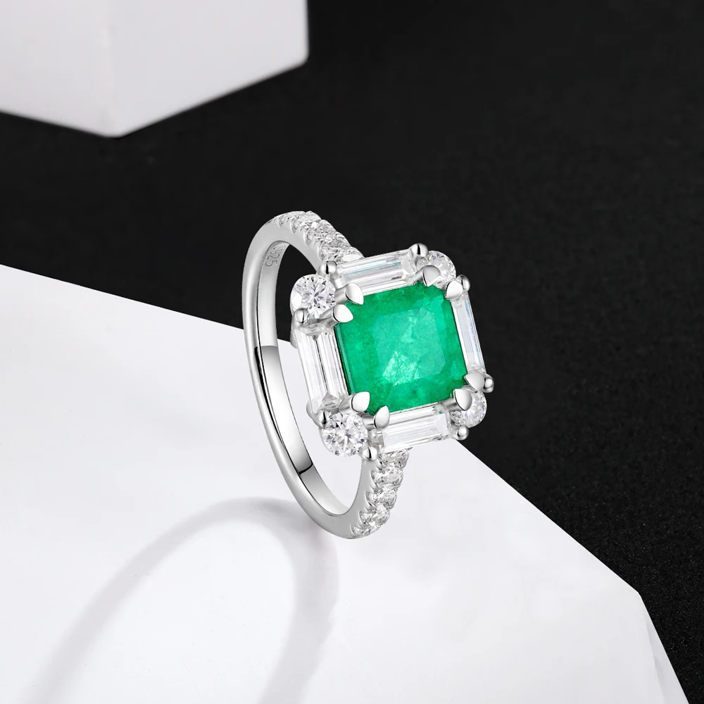 

APIR 7*7mm Square Synthetic Emerald & Moissanite Ring for Women 925 Silver Luxury Wedding Bridal Promise Rings Custom Jewelry