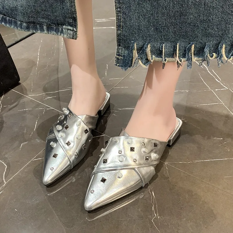 Pointy Slippers Women's Summer New Square with Cross Rivets Patent Leather Bun Head Half Drag Lazy Fashion Slippers