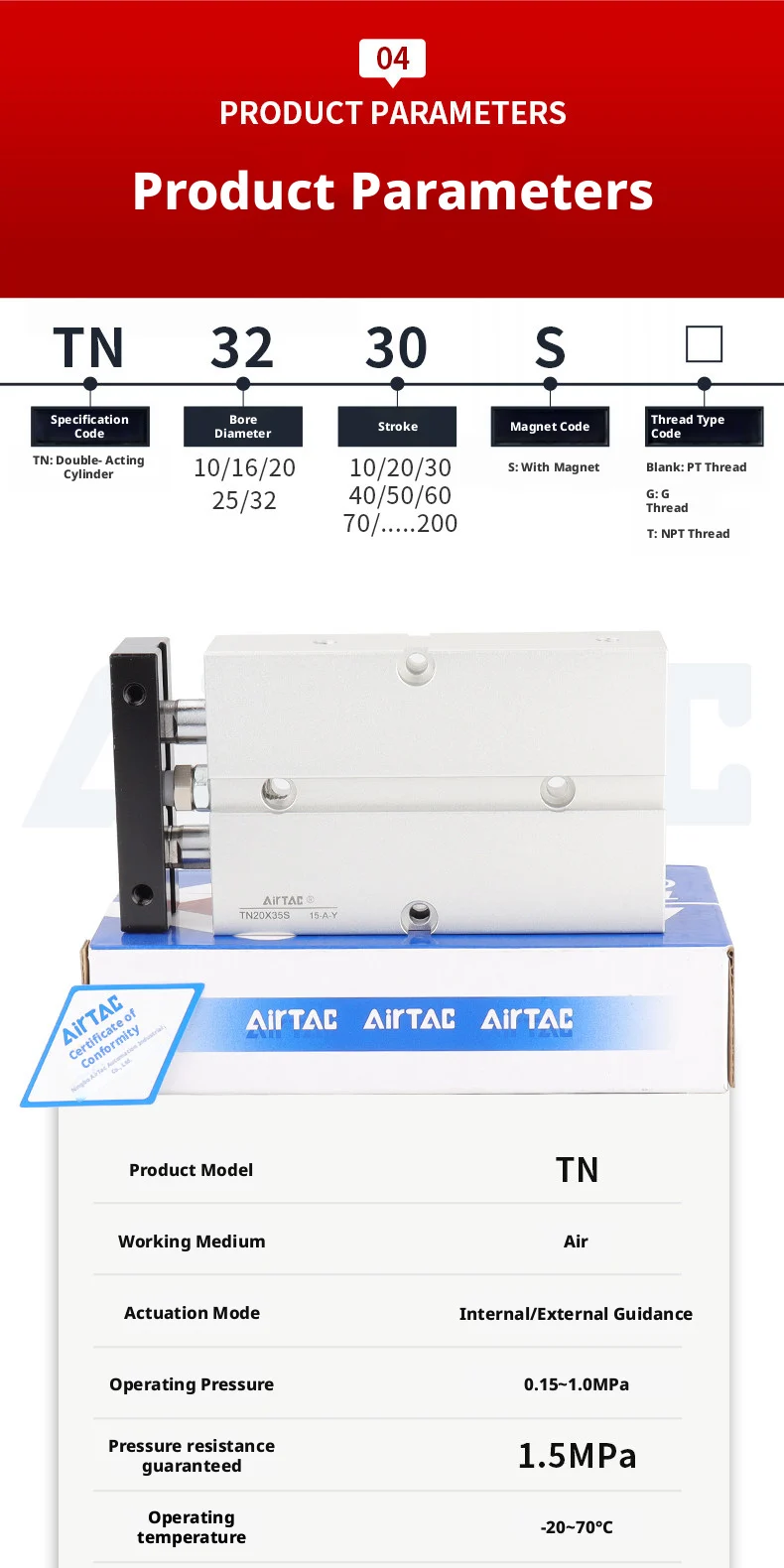 AIRTAC TN10 Doppelstangen-Luftzylinder mit Anschlussrohr, Magnetsensor, Reparaturteilen und Wartungskit für Automatisierungsteile – Detail 6