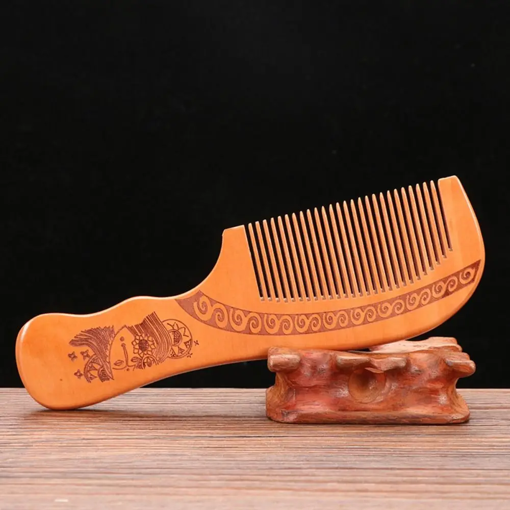 Peach Wood Peach Wood Hair Comb Anti-Static Close Teeth Peach Wood Comb Retro Carve Designs Natural Solid Wood Comb