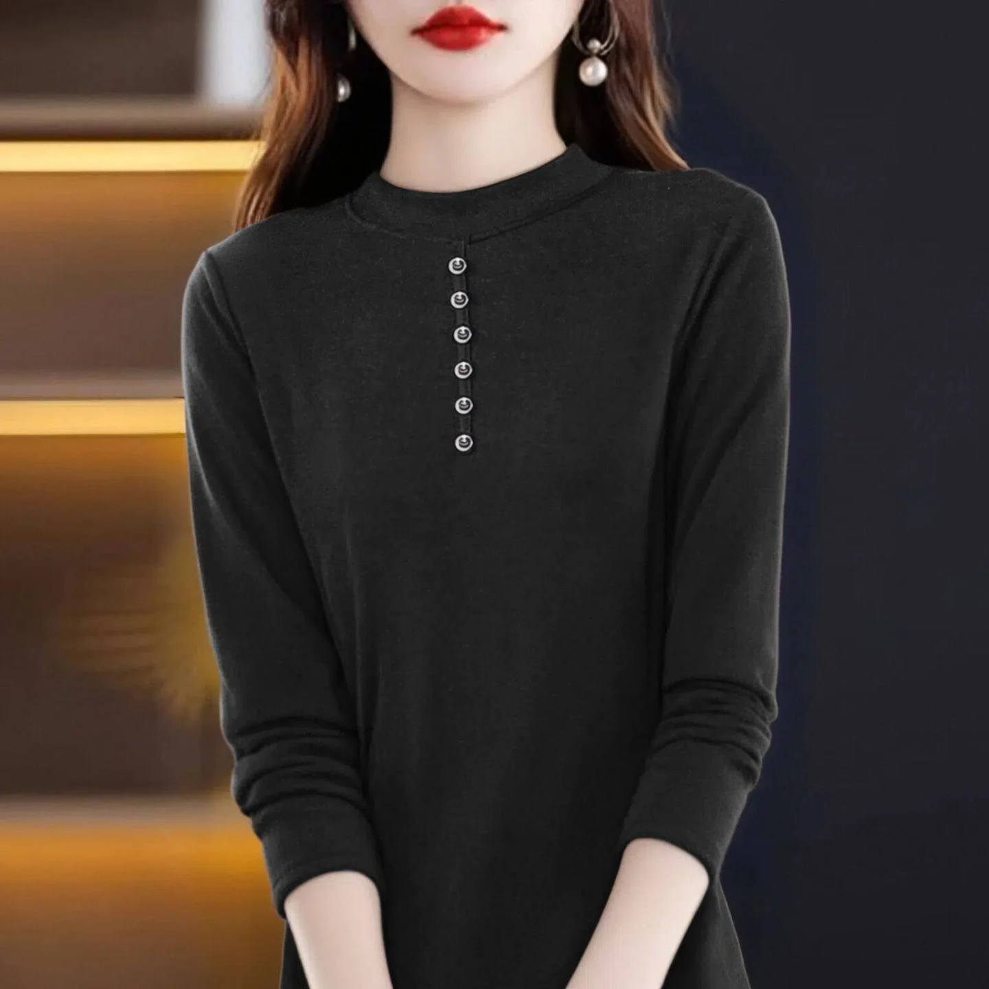 Double-Sided Velvet Long-Sleeve T-Shirt Korean Style Casual Half-High Collar Women's plus Size Autumn Winter Fashionable Top