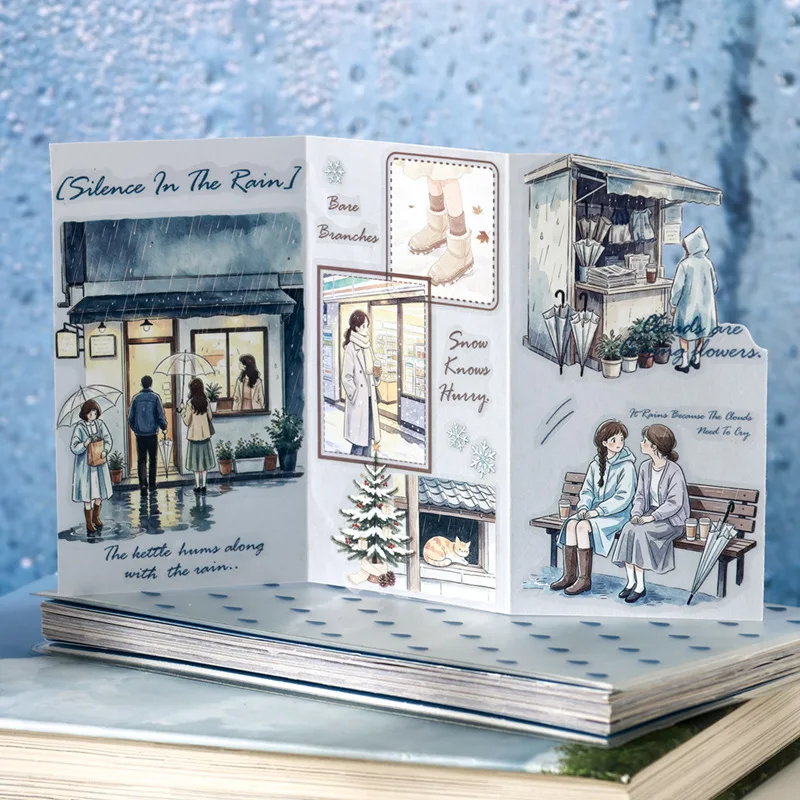 48pcs Stickers Book Rain Snow Series Atmospheric Snow Scene Theme Sticker Book Diy Handmade Scrapbook Aesthetic Stati