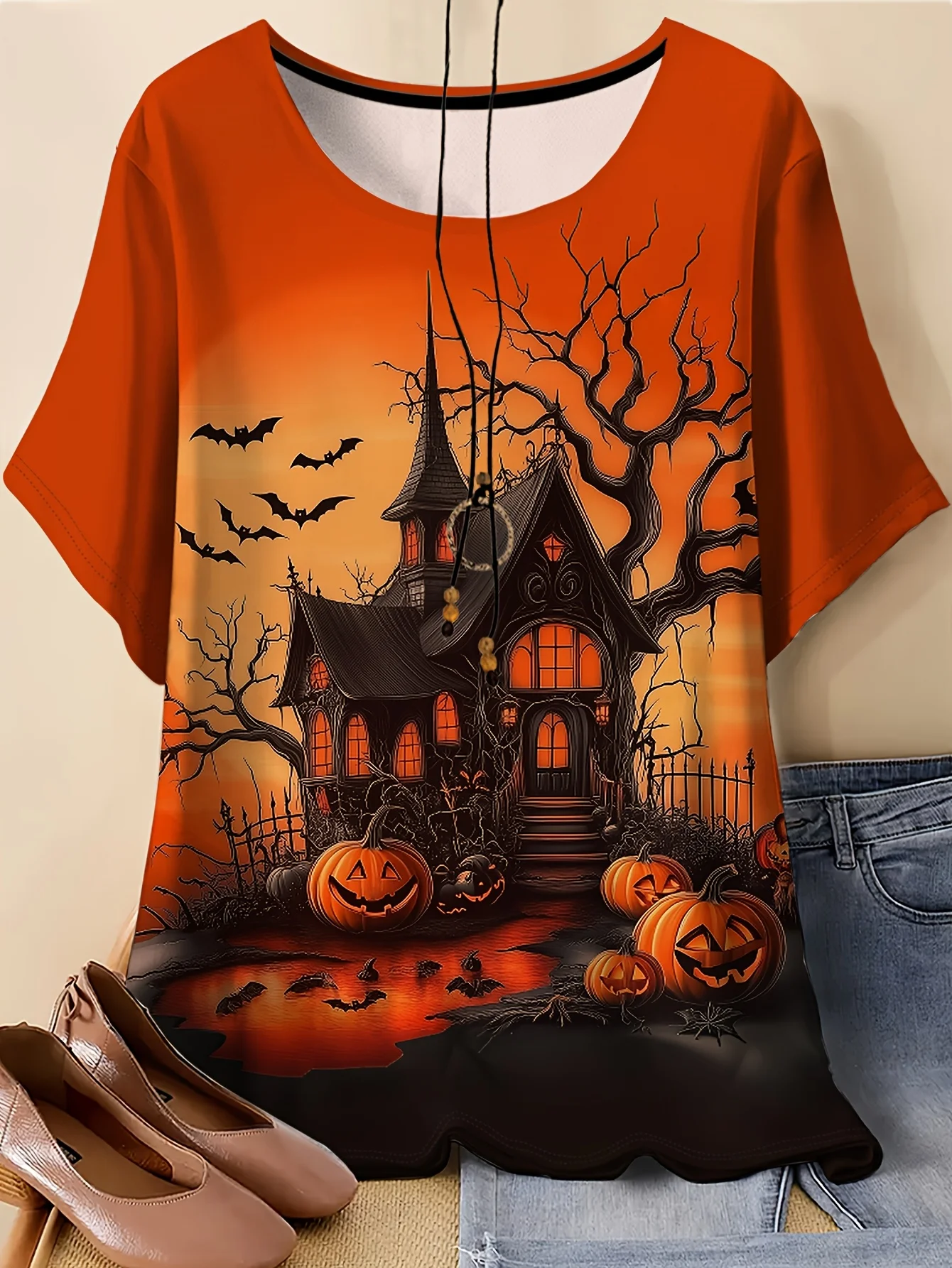 Women Halloween Haunted House Print T‑Shirt Pumpkin Bats Dead Tree O‑Neck Short Sleeve Casual Tops