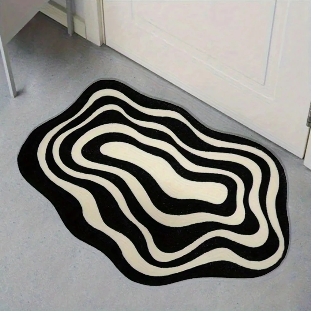 Modern Black White Abstract Wave Pattern Area Rug Soft Hand Washable Non-Slip Diatom Mud Mat For Living Room Or Bedroom Decor