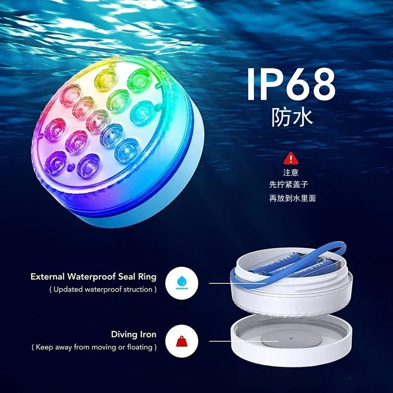 

LED Large Diving Light 8.5cm Pool Light RF Wireless Remote Control 13 Light Magnet Suction Cup Waterproof Landscape Lamp
