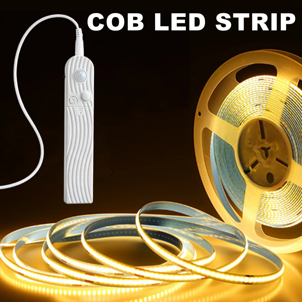 8MM COB Led Strip 5V with Motion Sensor Battery Powered 320LEDs/M Led Induction Night Light Warm White Red Ice Blue Yellow Green