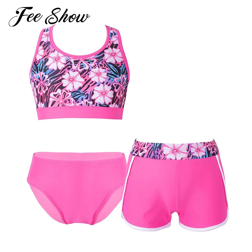 Toddler Girls Swimwear Swimsuit Rashguard Open Back Print Crop Tank Top with Shorts and Briefs Set 3Pcs Swimming Suits Beachwear