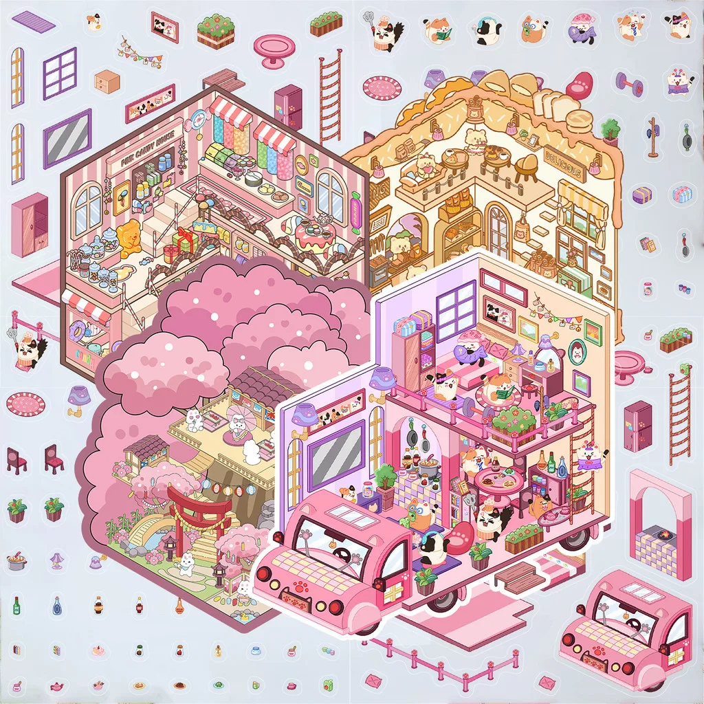 

Наклейки с мультяшными пейзажами-розовый кот-кемпер 3D стерео хижина, снятие стресса, наклейки сцены «сделай сам» для ручного счета, магазин AnimeWorlds