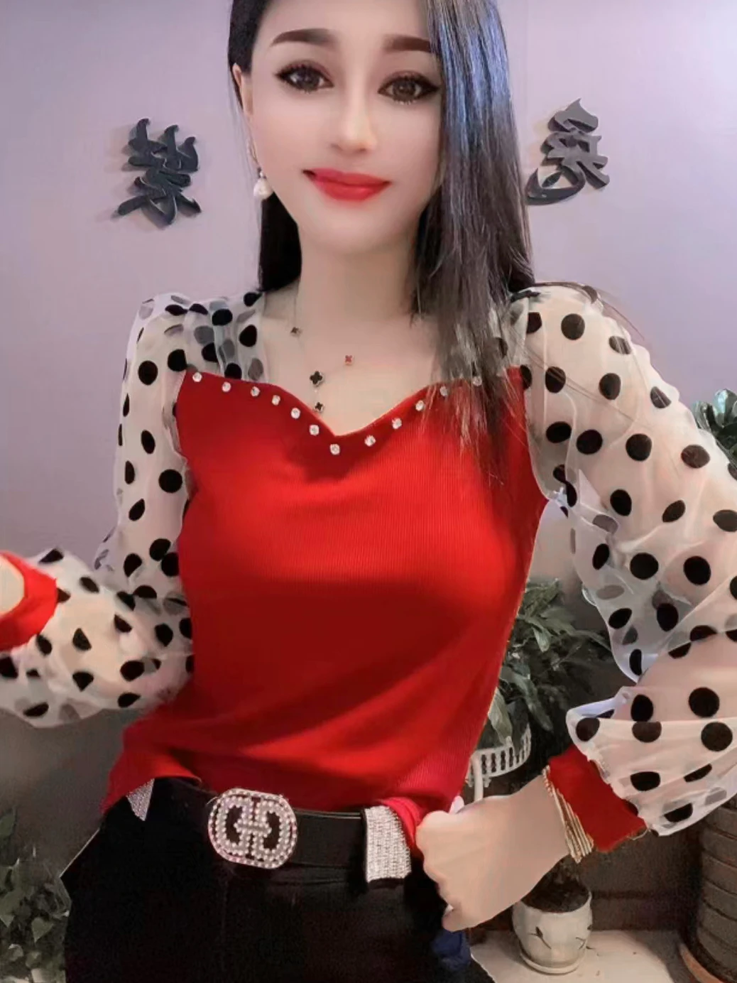 Long Sleeve Polka Dot Mesh Splice Diamond Embedded Base Layer Women's Shirt Commute Style Inner Wear Trendy New Arrival