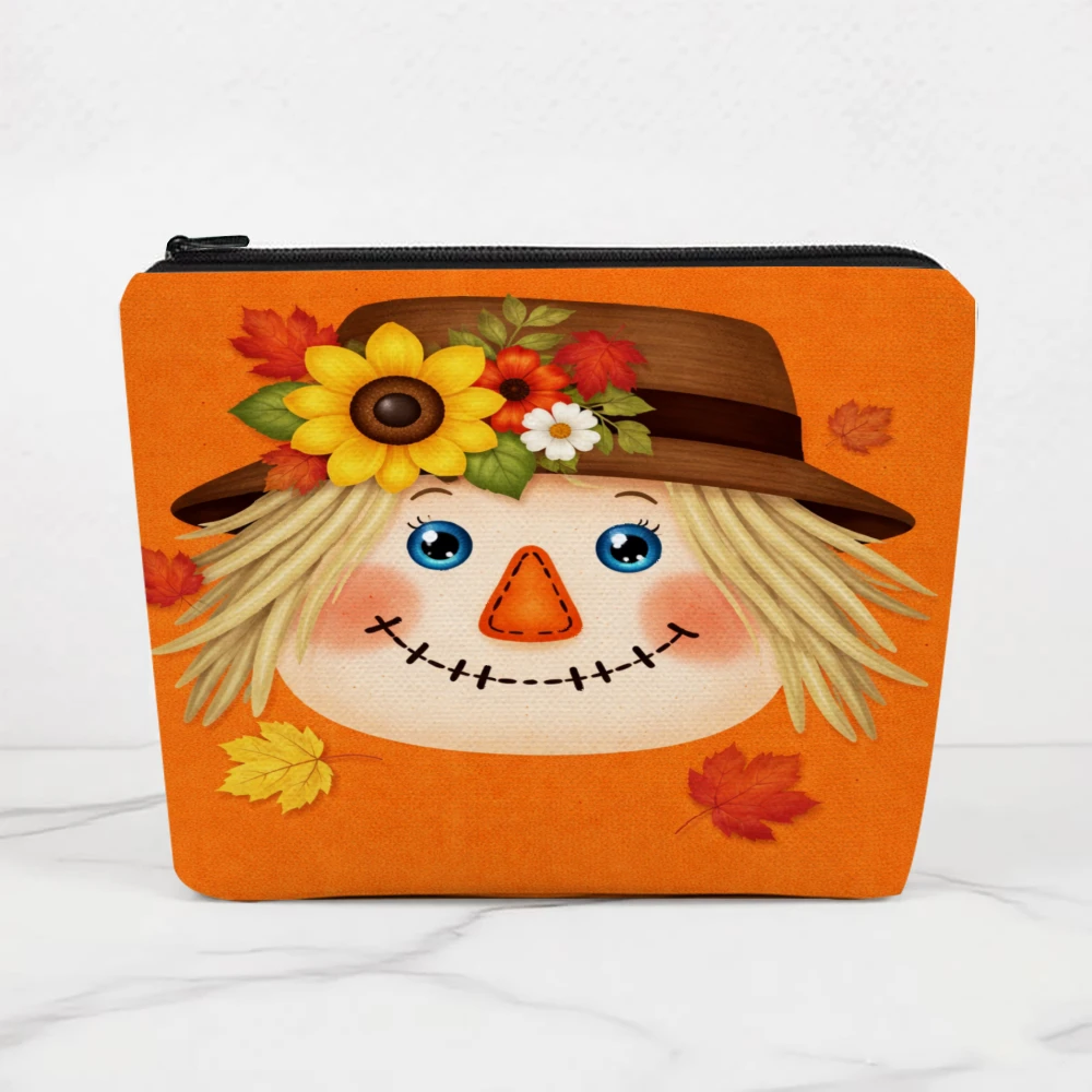 Scarecrow Face With Autumn Flowers Makeup Bags for Girls Cosmetic Pouch Toiletry Bag Pencil Case Travel Storage