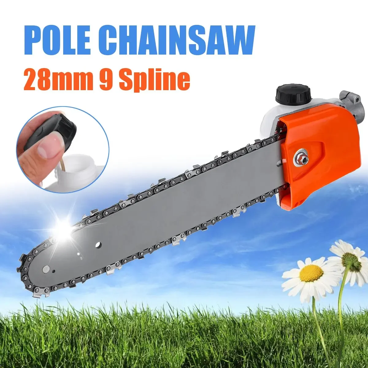 28mm 9 Spline Pole Chainsaw Saw Tree Cutter Tree Chainsaw Gearboxs Gear Head Tool +Chain+Guide Woodworking