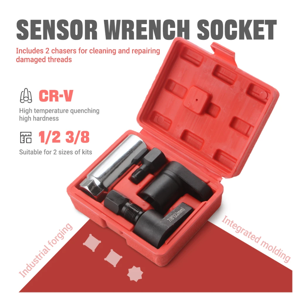 Professional O2 Sensor Removal Set 5Pcs 22mm Socket Wrench M12/M18 Thread Chaser Cr-V Steel For Car & Truck Maintenance