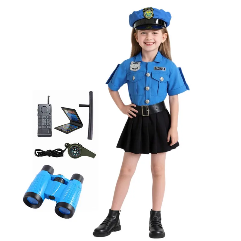 Conjunto de fantasia de policial com walkie talkie, bastão, apito, chapéu, cinto, acessórios combinando para performance de dramatização de férias