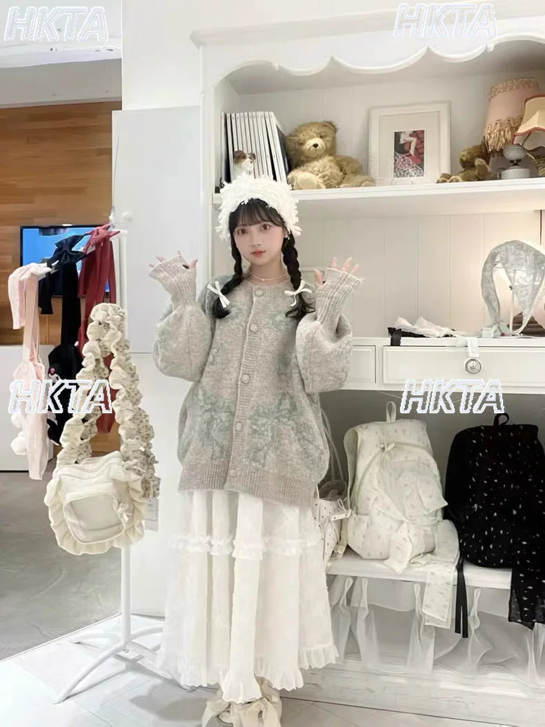 日本の秋のレトロかわいいリボン長袖ニットカーディガンコートトップ女性甘いルーズカジュアル多用途セータージャケット女性