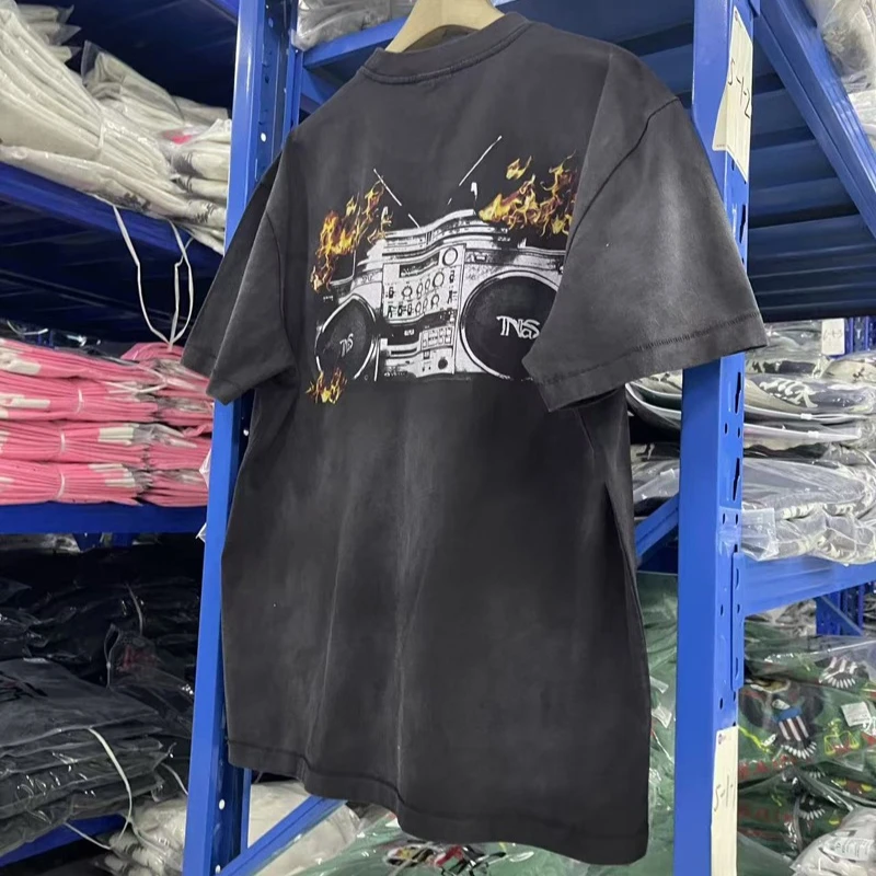 SAINT T-shirts High-quality Flame Tape Recorder Pattern Washable Distressed Short-sleeved T-shirt for Men Women