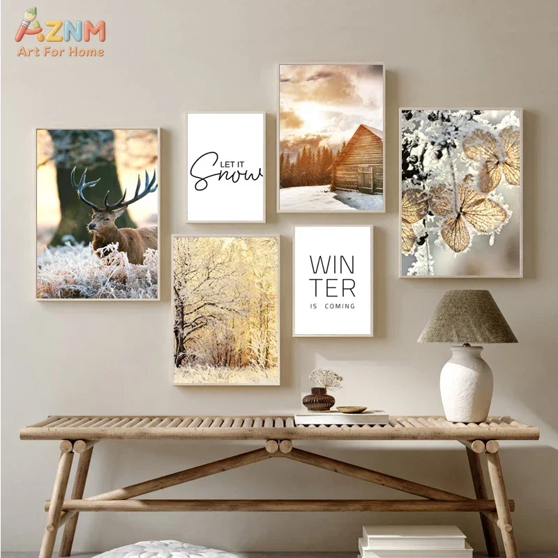 AZNM Winter Scenery Canvas Wall Art Snow Deer Forest Cabin Frost Flower Letter Print Frameless Canvas Painting Home Wall Decor