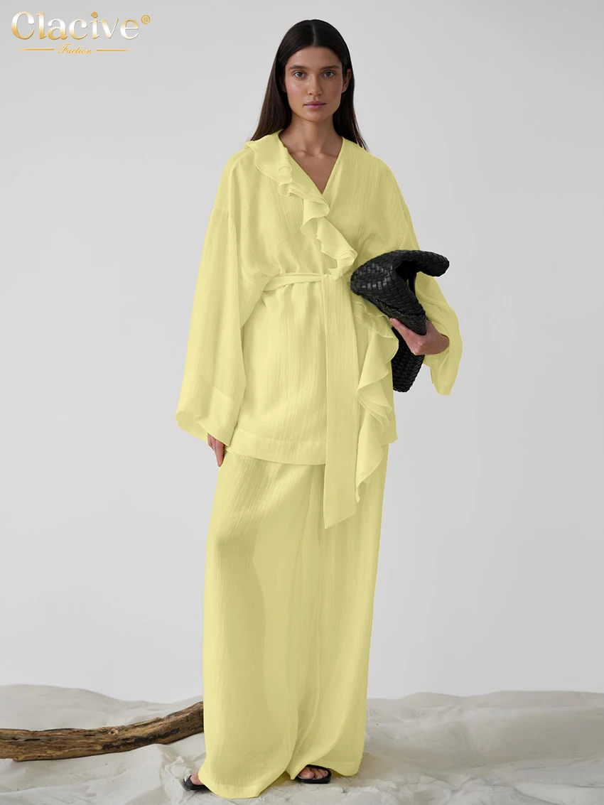 

Clacive модный свободный желтый женский комплект из двух предметов 2025 повседневные халаты с длинными рукавами и широкими брюками с высокой талией комплект женской одежды