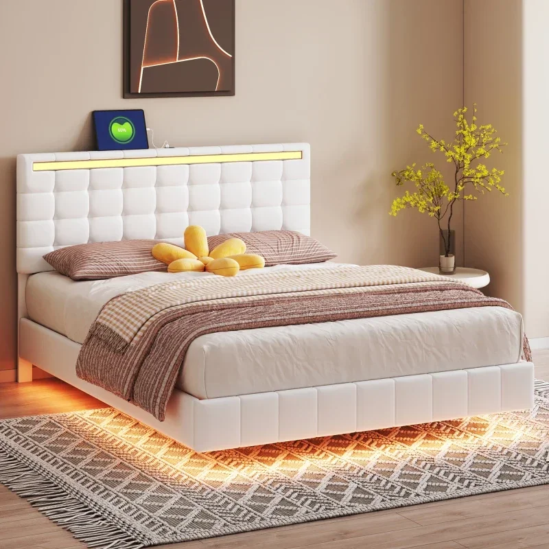 FashionVisual Floating Queen Size LED Floating Bed Frame With Storage Headboard Upholstered Platform，with Charging Station