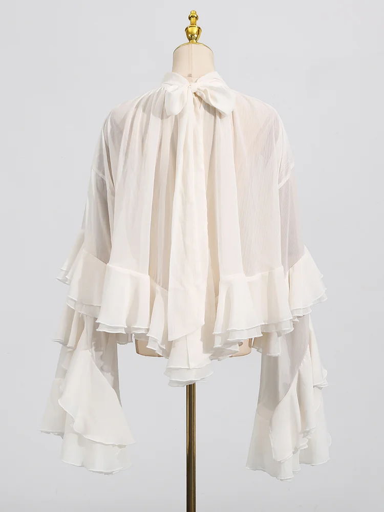 بلوزات نسائية ذات طبقات مكشكشة شفافة ورقبة عالية وأكمام واسعة بلون سادة وأربطة قمصان حفلات أنيقة #5