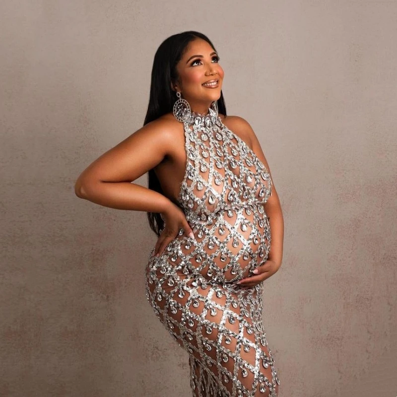

Sparkling Rhinestone Maternity Dresses For Photoshoot Luxurous Baby Shower Long Dresses Sleeveless Bodycon Pregnancy Photogrophy