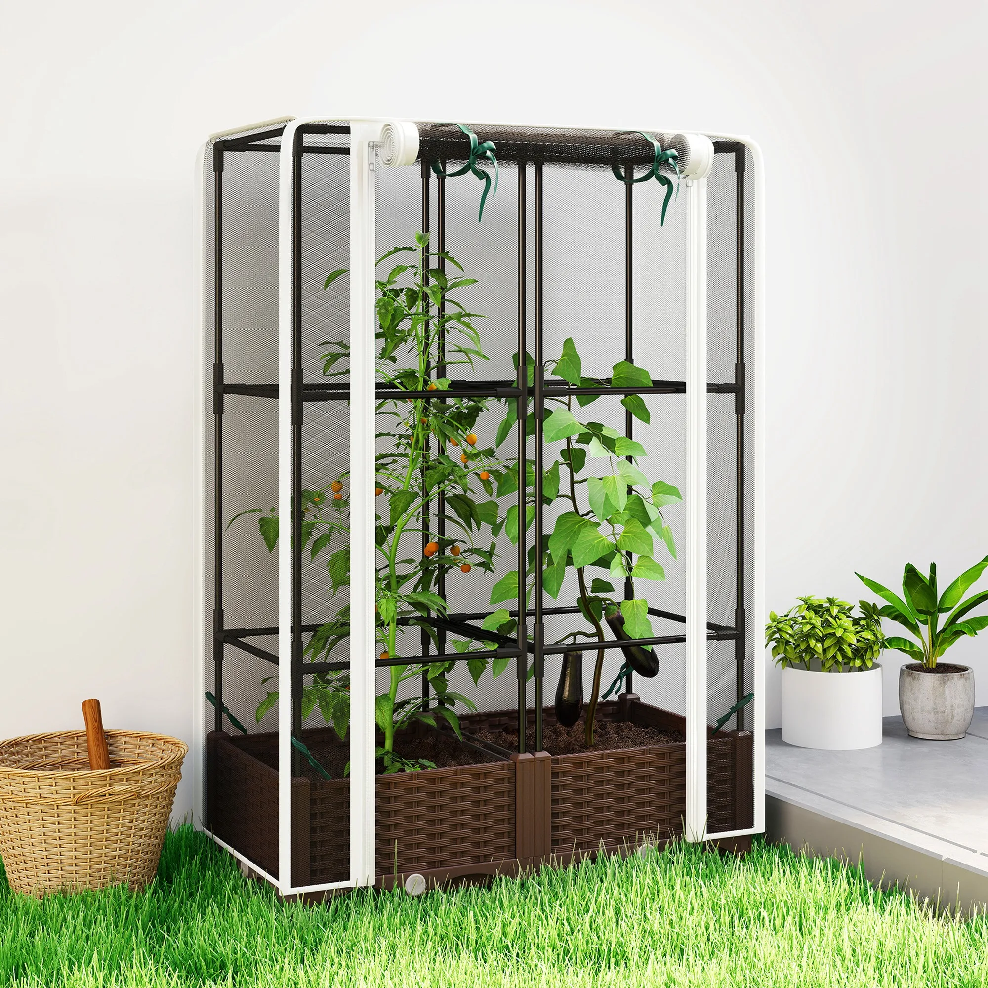 Raised Garden Bed with Trellis, 46.5" Tomato Cage with Crop Cage, Self Watering Planter Box with Drainage Holes, White