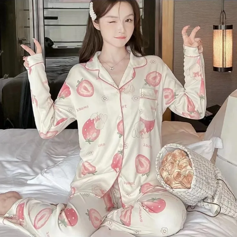 2024 New Women's Pajamas Autumn Long Sleeve Loose Large Size Loungewear Set Cute Cartoon Homewear Cardigan Spring Sleepwear Suit