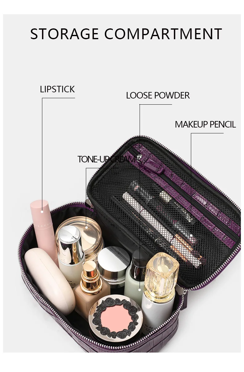 Echtes Leder Krokodilmuster Lila Kosmetiktasche für Frauen, Tragbare Reise-Toilettentasche, Hochwertige Aufbewahrungstasche aus Rindsleder – Detail 6