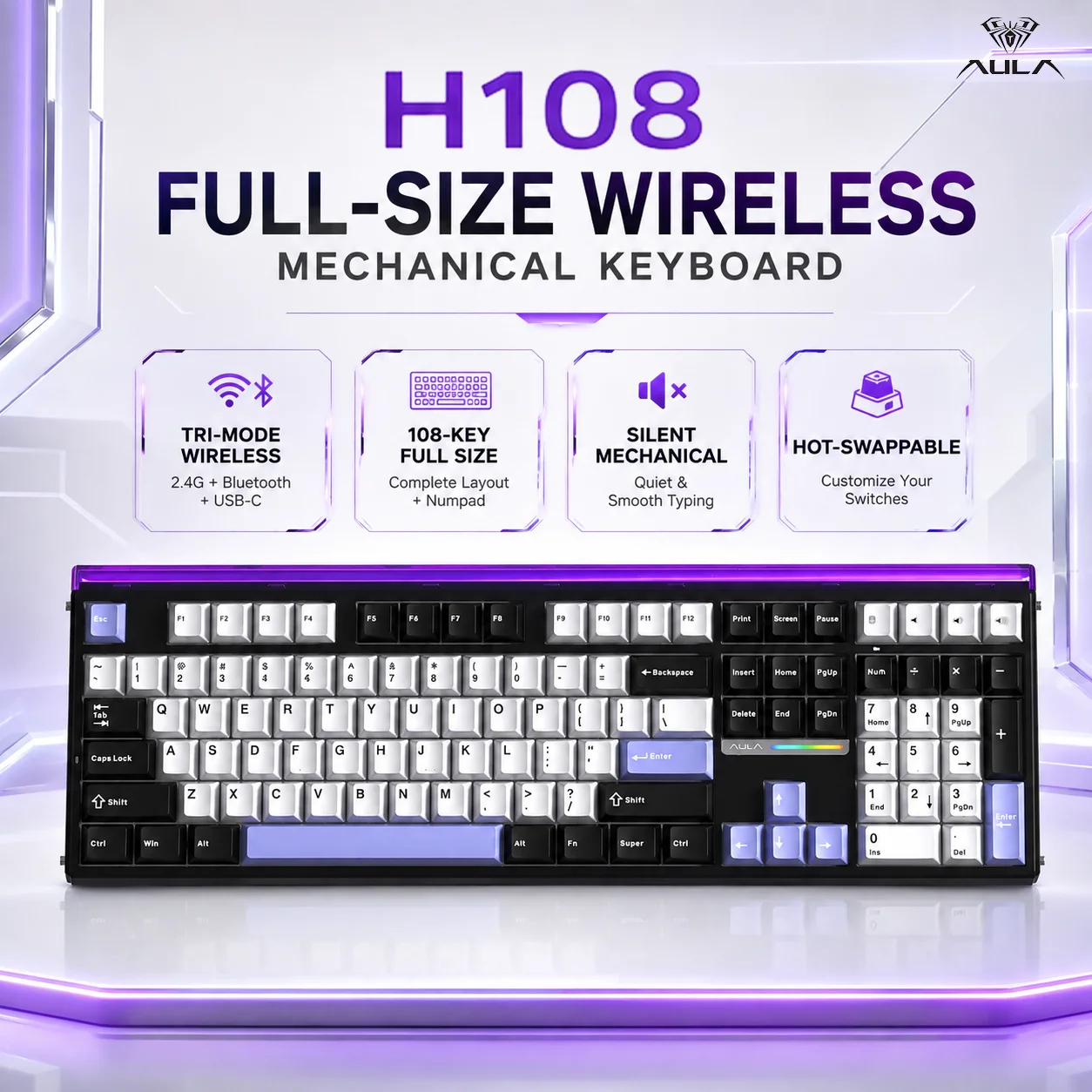 AULA H108 Tri‑Mode Mechanical Keyboard 108 Key Hot Swap Gasket Mount LumioTune RGB Lightbox PBT Keycaps For PC Laptop Gaming
