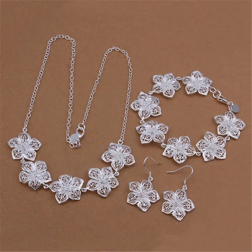 

925 Sterling Silver Women Lady Wedding Jewelry Elegance Flower Necklace Bracelets Earrings Fashion Set 45cm 20cm