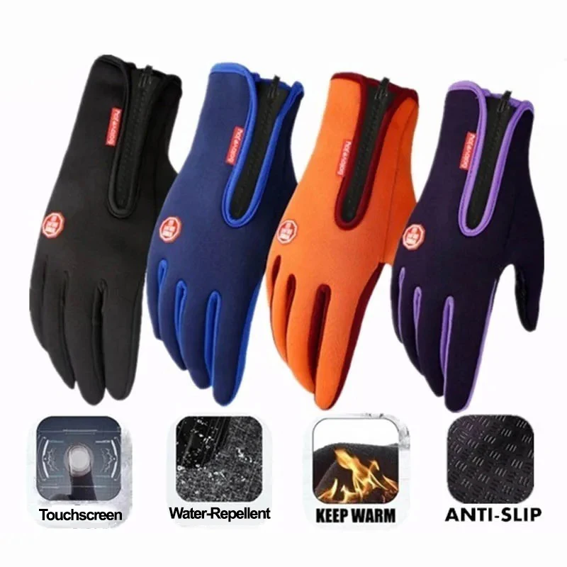 Winter Cycling Gloves Zipper Unisex Touchscreen Warm Windproof Hiking Water‑repellent Non‑slip Gloves Fishing Driving Outdoor